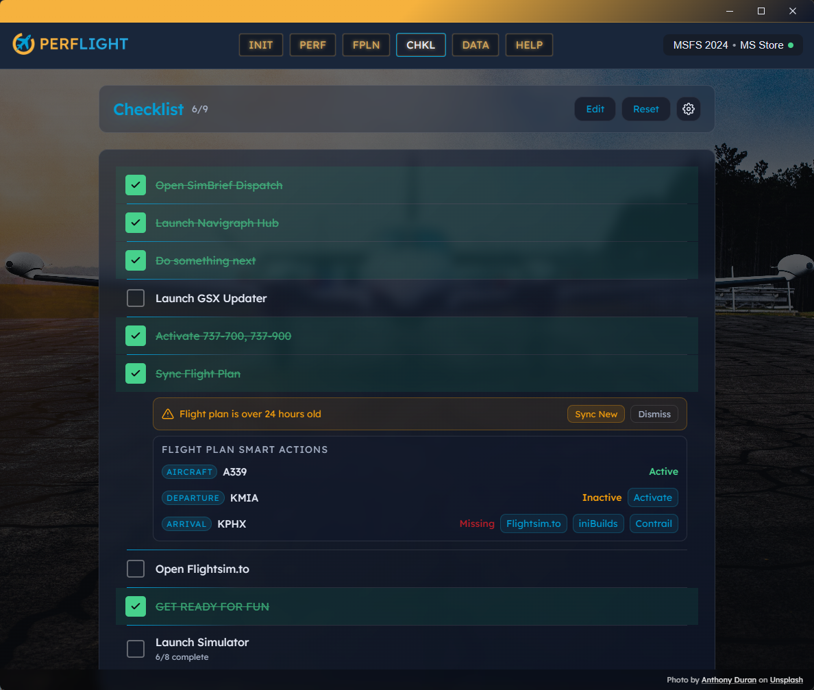 Pre-flight checklist with smart sub-actions and addon activation