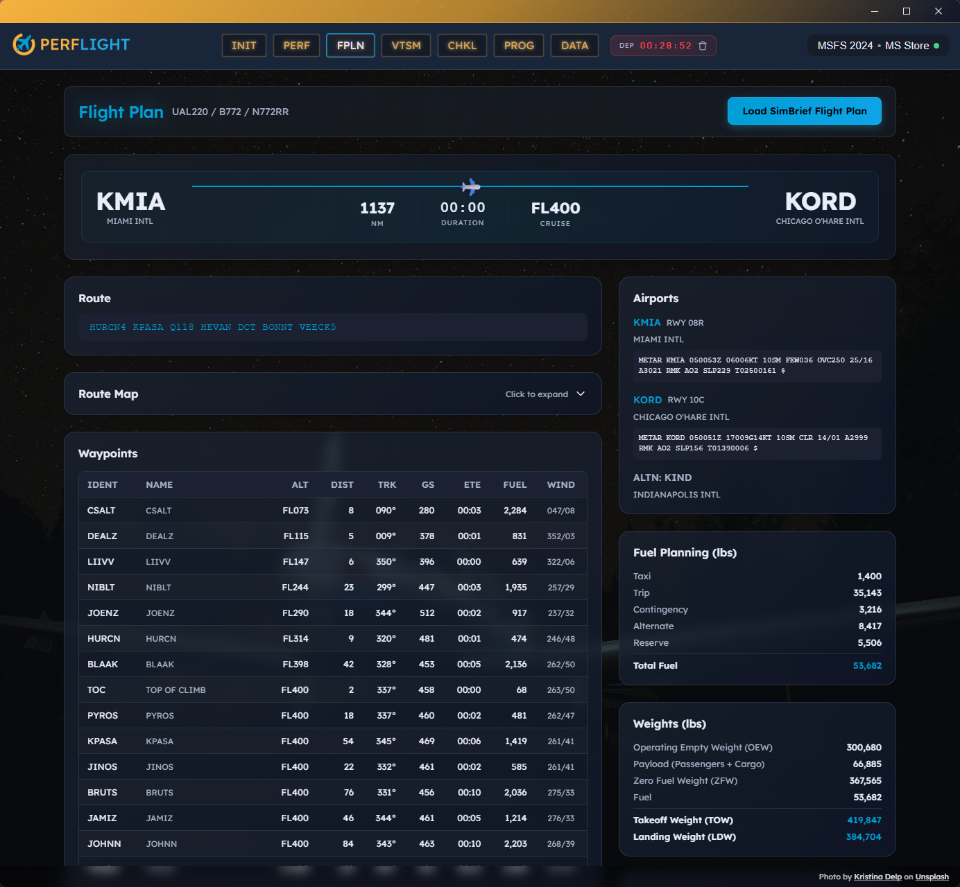 Flight planning interface with route and fuel calculations